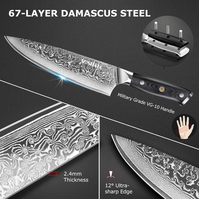 MOSFiATA Chef Knife 8 Inch, Damascus Kitchen Knife,Ultra Sharp Chef's Knives with 67-Layer Damascus Steel VG-10 Blade,Knife Sharpener Rod Gift Box - Image 2